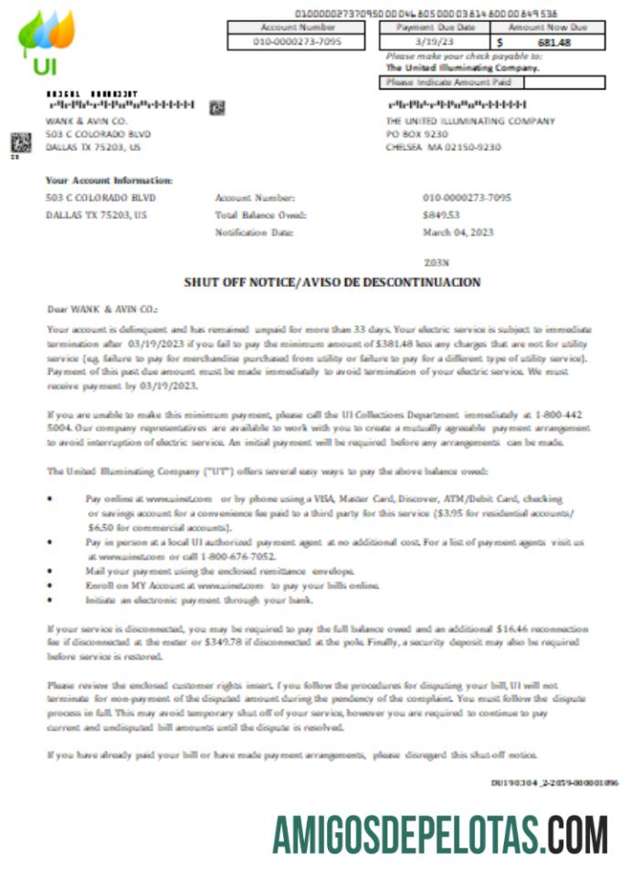 Massachusetts Chelsea SCG The United Illuminating Company Aviso de encerramento Bill Business, SCR exemplo